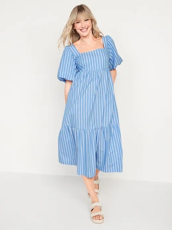 Old Navy Dresses & Skirts - Old Navy Fit & Flare Puff Sleeve Striped  Poplin Midi Dress Women’s Size Large